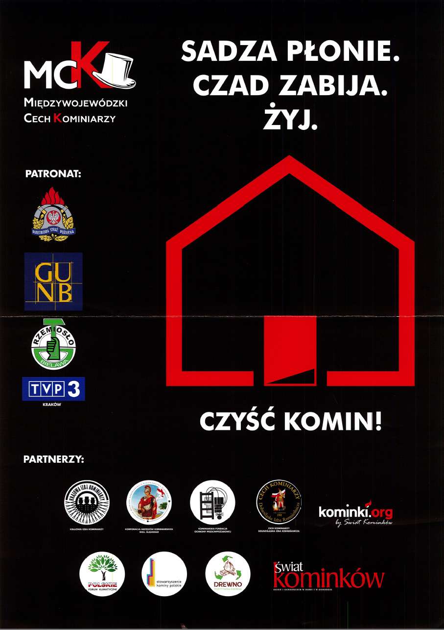 W lewym górnym rogu logo Międzywojewódzkiego Cechu Kominiarzy a po środku kontur domu w kolorze czerwonym
